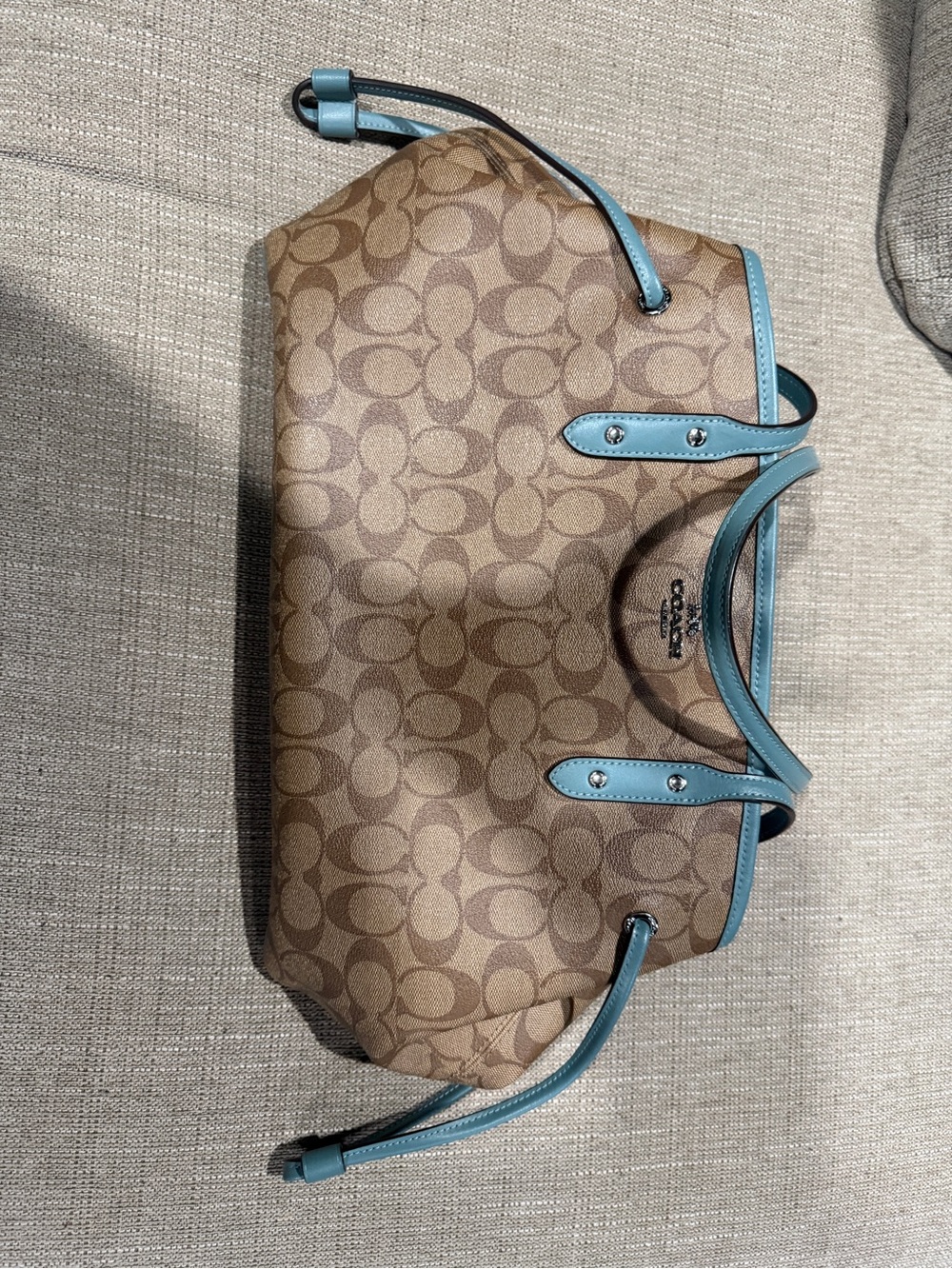 coach bag F57842 khaki/powder blue drawstring carryall signature canvas
